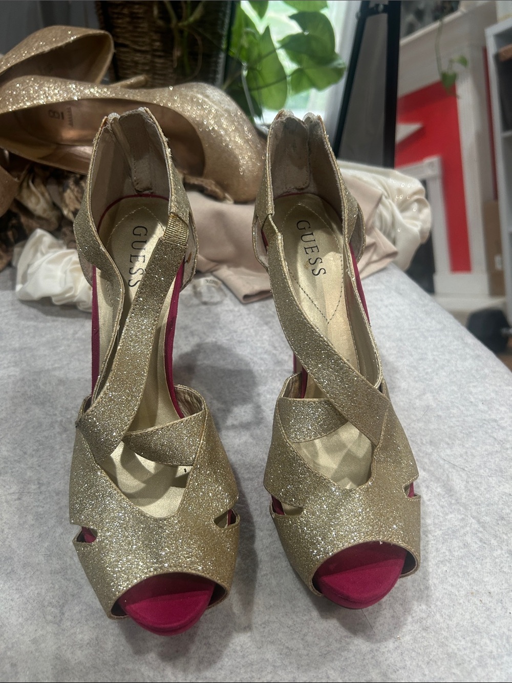 GUESS Gold Glitter Peep-Toe Platform Heels with Pink Accents